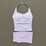 2 Pieces Shorts Yoga Set Women Backless Halter Tops High Waist Seamless Shorts Gym Suit Fitness Sportswear Workout Sets