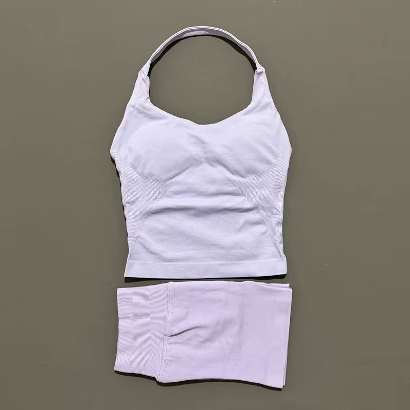 2 Pieces Shorts Yoga Set Women Backless Halter Tops High Waist Seamless Shorts Gym Suit Fitness Sportswear Workout Sets