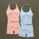 2 Pieces Shorts Yoga Set Women Backless Halter Tops High Waist Seamless Shorts Gym Suit Fitness Sportswear Workout Sets