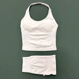 2 Pieces Shorts Yoga Set Women Backless Halter Tops High Waist Seamless Shorts Gym Suit Fitness Sportswear Workout Sets
