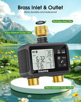 Water Timer with Brass Inlet & Outlet, 2 Independent Zones Outdoor Hose Timer for Garden Faucet with Auto/Manual/Rain Delay Mode, Sprinkler Irrigation Controller for Yard Lawn