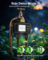 Water Timer with Brass Inlet & Outlet, 2 Independent Zones Outdoor Hose Timer for Garden Faucet with Auto/Manual/Rain Delay Mode, Sprinkler Irrigation Controller for Yard Lawn