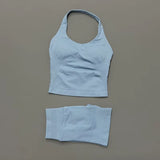 2 Pieces Shorts Yoga Set Women Backless Halter Tops High Waist Seamless Shorts Gym Suit Fitness Sportswear Workout Sets