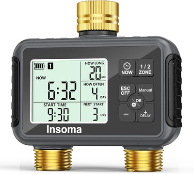 Water Timer with Brass Inlet & Outlet, 2 Independent Zones Outdoor Hose Timer for Garden Faucet with Auto/Manual/Rain Delay Mode, Sprinkler Irrigation Controller for Yard Lawn
