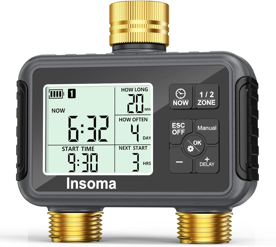 Water Timer with Brass Inlet & Outlet, 2 Independent Zones Outdoor Hose Timer for Garden Faucet with Auto/Manual/Rain Delay Mode, Sprinkler Irrigation Controller for Yard Lawn