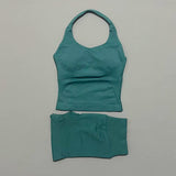 2 Pieces Shorts Yoga Set Women Backless Halter Tops High Waist Seamless Shorts Gym Suit Fitness Sportswear Workout Sets