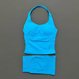 2 Pieces Shorts Yoga Set Women Backless Halter Tops High Waist Seamless Shorts Gym Suit Fitness Sportswear Workout Sets