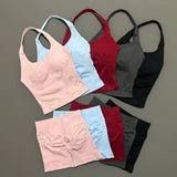 2 Pieces Shorts Yoga Set Women Backless Halter Tops High Waist Seamless Shorts Gym Suit Fitness Sportswear Workout Sets
