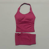 2 Pieces Shorts Yoga Set Women Backless Halter Tops High Waist Seamless Shorts Gym Suit Fitness Sportswear Workout Sets