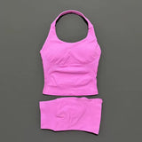2 Pieces Shorts Yoga Set Women Backless Halter Tops High Waist Seamless Shorts Gym Suit Fitness Sportswear Workout Sets