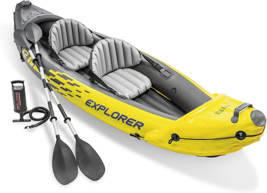 Intex 68307EP Explorer K2 Inflatable Kayak Set: Includes Deluxe 86In Aluminum Oars and High-Output Pump – Superstrong PVC – Adjustable Seats with Backrest – 400Lb Weight Capacity