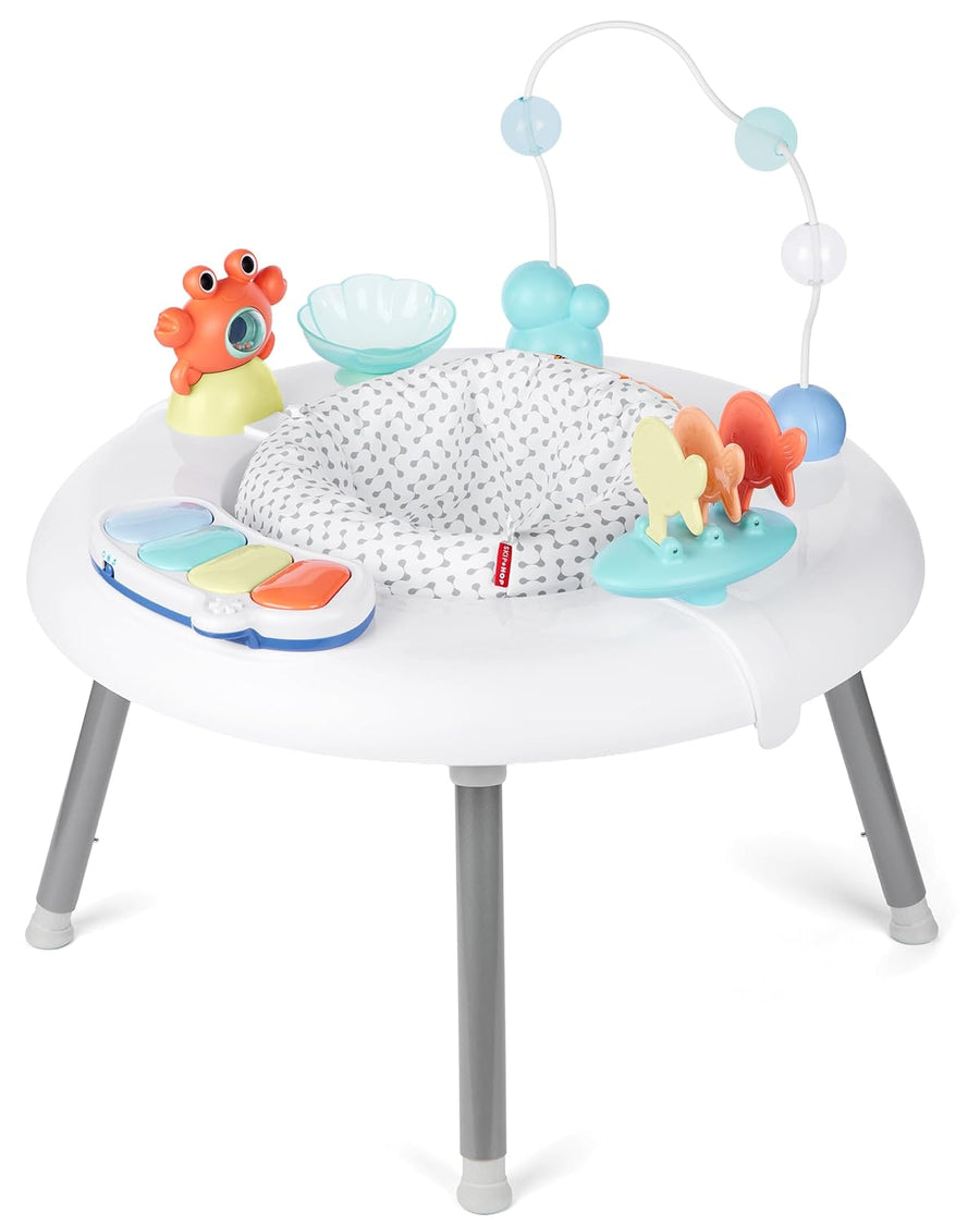 Skip Hop 2-In-1 Baby Activity Center with 20+ Developmental Activities Light-Up Musical Piano for Tummy Time Play 4 Clip-On & Moveable Toys and 360-Degree Rotating Seat Seascape Age 4M+