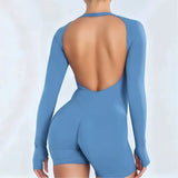 Long Sleeve One Piece Jumpsuit Women Backless Slim Fit Elastic Tummy Control Yoga Gym Sports Workout Bodysuit