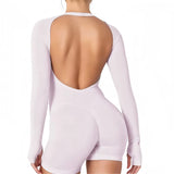 Long Sleeve One Piece Jumpsuit Women Backless Slim Fit Elastic Tummy Control Yoga Gym Sports Workout Bodysuit
