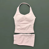 2 Pieces Shorts Yoga Set Women Backless Halter Tops High Waist Seamless Shorts Gym Suit Fitness Sportswear Workout Sets