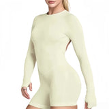 Long Sleeve One Piece Jumpsuit Women Backless Slim Fit Elastic Tummy Control Yoga Gym Sports Workout Bodysuit