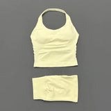 2 Pieces Shorts Yoga Set Women Backless Halter Tops High Waist Seamless Shorts Gym Suit Fitness Sportswear Workout Sets