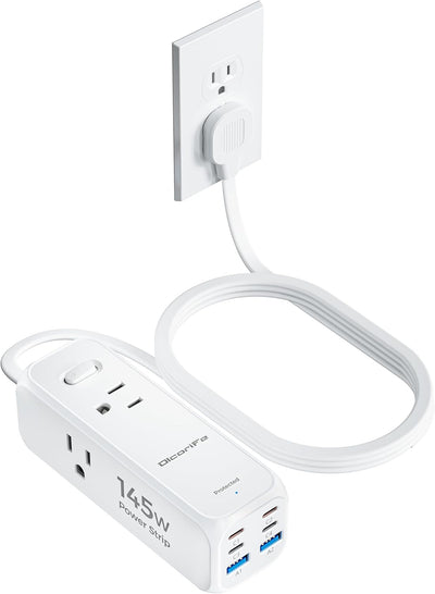 145W USB Power Strip, 5FT Flat Plug Extension Cord with 3 AC Outlets 6 USB Ports(4 USB C&2 USB A), 3 Sided Outlet Extender for Home Office Travel Dorm Room Essentials, White