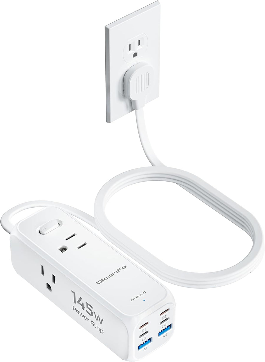 145W USB Power Strip, 5FT Flat Plug Extension Cord with 3 AC Outlets 6 USB Ports(4 USB C&2 USB A), 3 Sided Outlet Extender for Home Office Travel Dorm Room Essentials, White