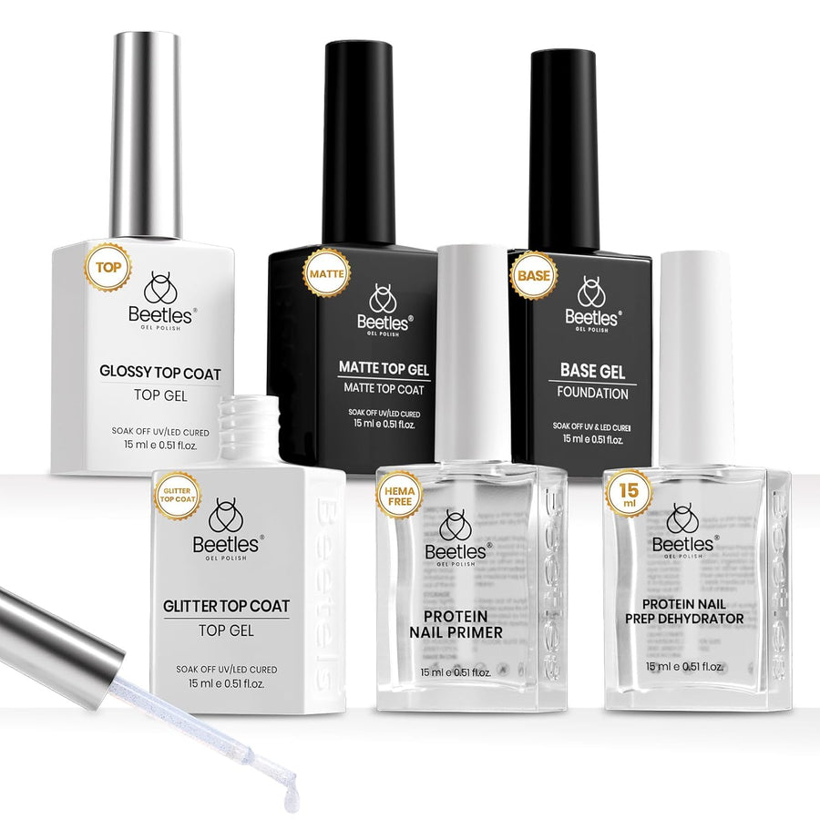 Beetles 6 Pcs 15Ml Glossy & Matte Gel Top and Base Coat Set with Protein Nail Prep Dehydrator and Primer Acid-Free & Hema-Free Dehydrate Bond Primer T for Acrylic & Gel Nail Polish Gifts