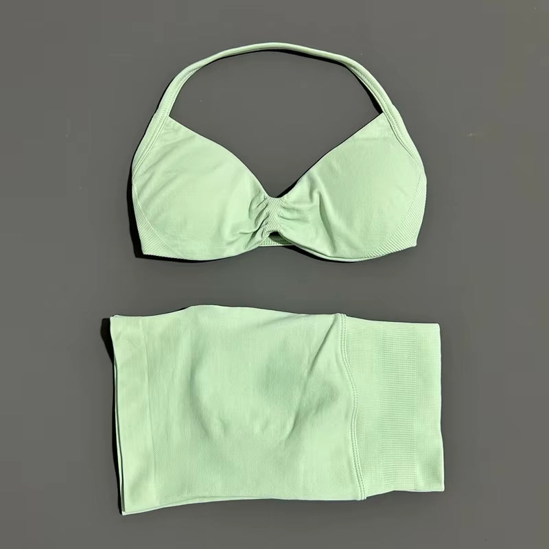 Gym Set 2 Piece Women Strappy Yoga Bra Top Workout Scrunch Shorts Sports Suit Fitness Clothes Seamless Yoga Set