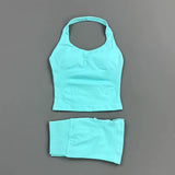 2 Pieces Shorts Yoga Set Women Backless Halter Tops High Waist Seamless Shorts Gym Suit Fitness Sportswear Workout Sets