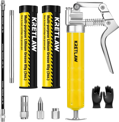 Mini Grease Gun (3000PSI) with Double 3Oz Cartridge Grease and 12'' Flex Hose, Reinforced Coupler for Automotive, Yellow