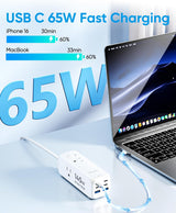 145W USB Power Strip, 5FT Flat Plug Extension Cord with 3 AC Outlets 6 USB Ports(4 USB C&2 USB A), 3 Sided Outlet Extender for Home Office Travel Dorm Room Essentials, White